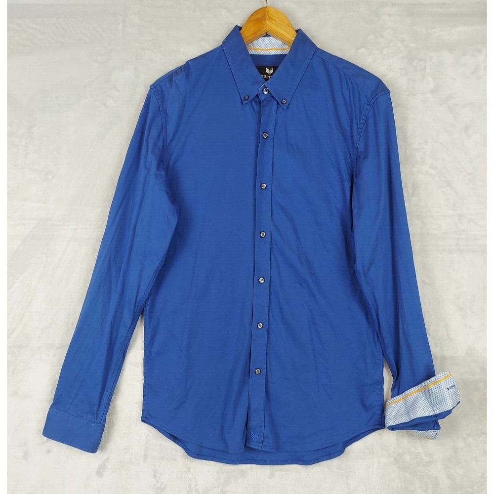 Butter Cloth Cotton Men's Large Slim Fit Button Down Shirt Blue Solid